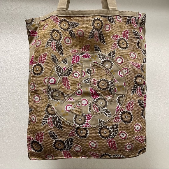 🆕AEO 🦅 Peace Sign Floral Burlap/Canvas Market Day Tote - Picture 2 of 5